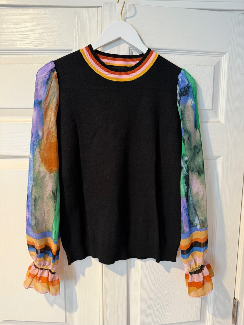 Fate Black Sweater with Multicolor Sheer Balloon Sleeves